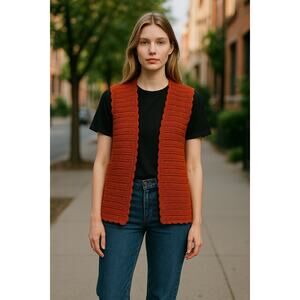 Vintage Women’s Grandmacore Hand Knit Open Cardigan Vest Orange Cozy Fall L